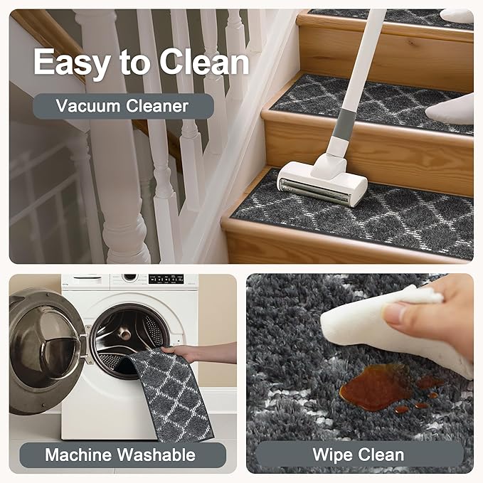 Non Slip Microfiber Stair Treads for Wooden Steps, 15PCS 8"x30" Indoor Safety Carpet, 3D Cut & Loop Tufted Edging Mats with TPE Adhesive Backing, Pet & Elderly Friendly Stair Rugs (Charcoal/White)