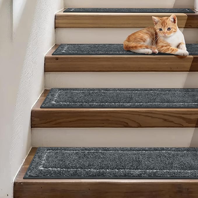 Non Slip Microfiber Stair Treads for Wooden Steps, 15PCS 8"x30" Indoor Safety Carpet, 3D Cut & Loop Tufted Edging Mats with TPE Adhesive Backing, Pet & Elderly Friendly Stair Rugs (Charcoal Border)