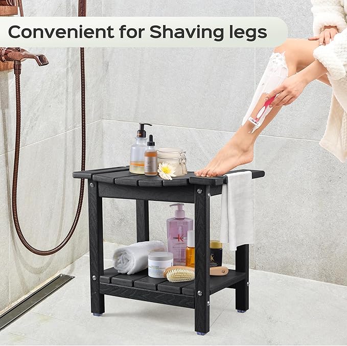 LyriFine Shower Bench - HDPE Waterproof Shower Bench for Inside Shower, 18.7" Shower Stool with Shower Head Holder, 350lbs Shower Seat with Storage Shelf, Shower Chair for Bathroom Indoor Outdoor Use