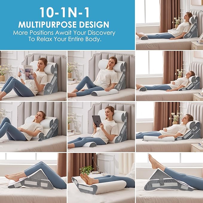 MEGCXIT 4PCS Bed Wedge Pillow for Headboard, Adjustable Wedge Pillow for Sleep Apnea, 23” Wide Triangle Pillow Wedge Set for After Surgery, Acid Reflux Relief, Snoring, Neck&Back Support, White/Grey