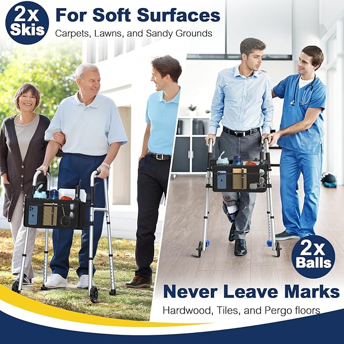 Folding Walker with 2 Precut Tennis Balls, Lightweight Walkers for Seniors with Wheels, Support Up to 350 lbs, Height Adjustable Standard Compact Walker & Ski Glides