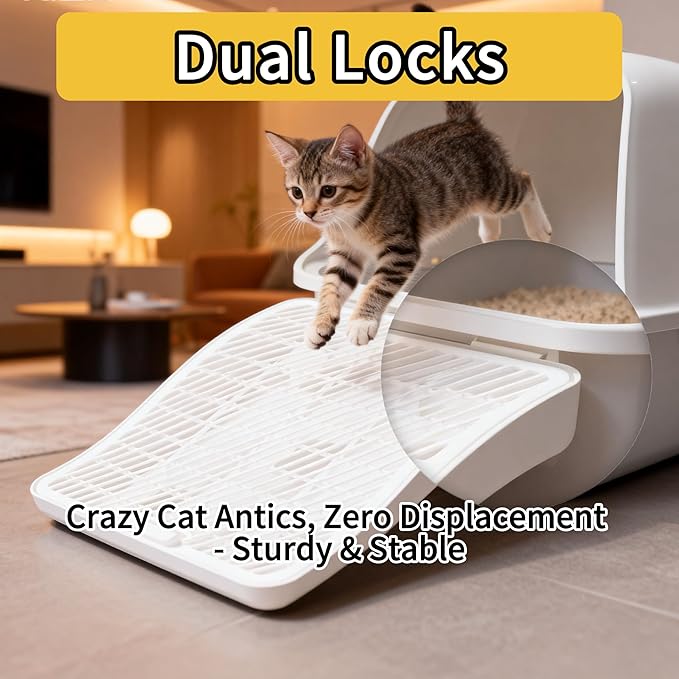 Cat Litter Box Step Ramp with Litter Catcher, Non-Slip Trapping Mat for Kittens and Senior Cats, Washable (White, Large)