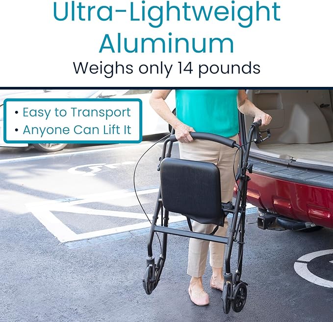 Vive Ultra Lightweight Rollator Walker with Seat - Foldable, Narrow, Rolling Senior Walker for Small Spaces - 4 Wheel Aluminum Adult Easy Drive Aid with Underseat Accessory