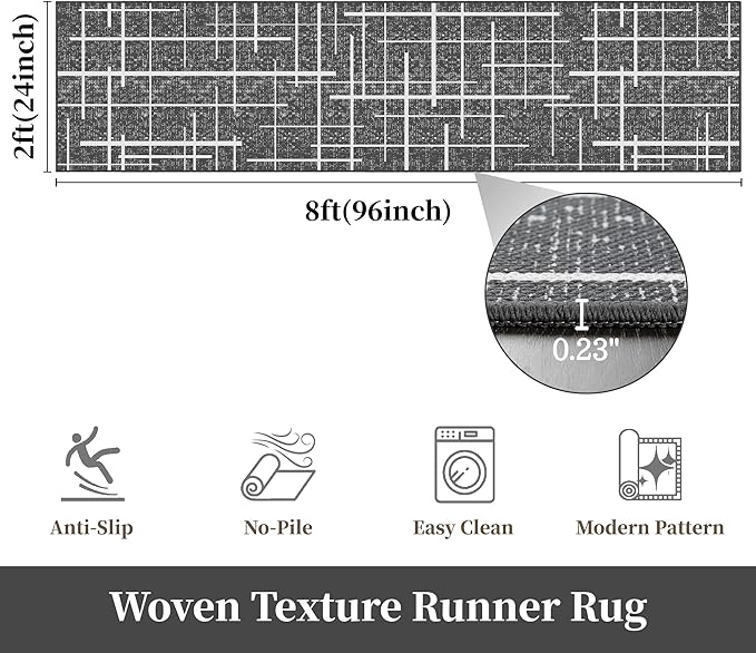 Non Slip Hallway Runner Rug 2x8,Modern Distressed Stripe, Washable Long Rug, Woven Thin Low Pile Carpet Runners for Hallway 10ft Entryway, Kitchen, Walkway- Gray