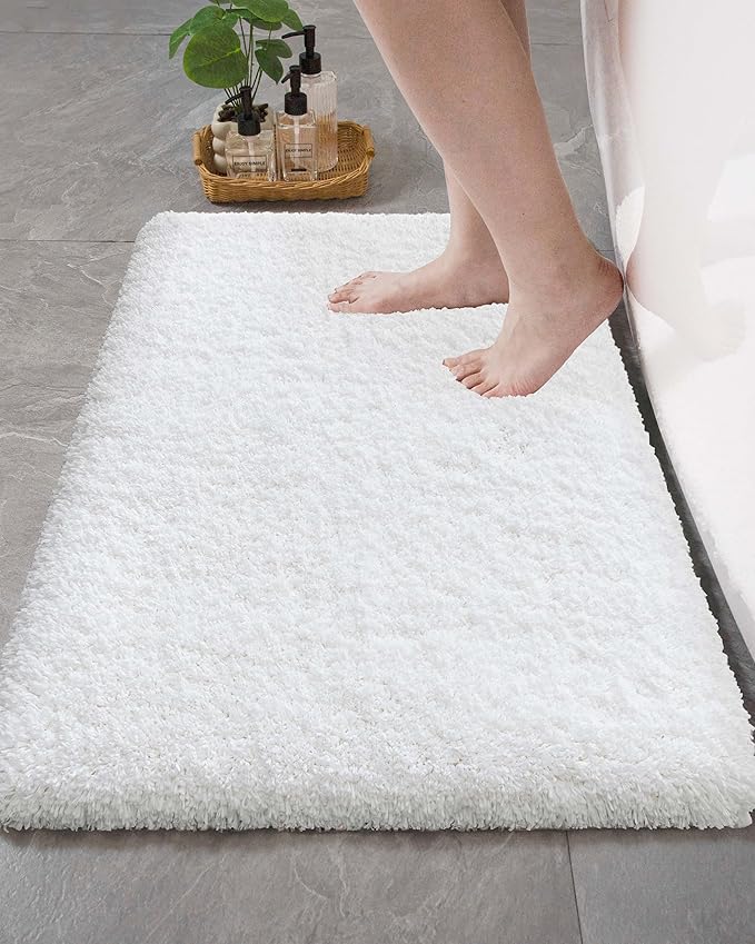 Bathroom Rugs Non Slip Washable, Ultra Thick Soft Microfiber Absorbent Bath Mats, High Density Foam Latex Non Slip Backing Bath Rugs, Fluffy Floor Carpet for Tub&Shower 24x17, White