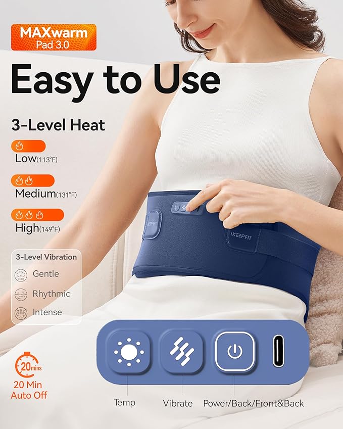 IKEEPFIT Portable Heating Pad for Back, Cordless Wearable Heat Belt with Massager for Lower Back Pain Relief, Battery Powered 8000 mAh Rechargeable, MAXwarm® 3.0, Gift for Women Men 90-310 lbs