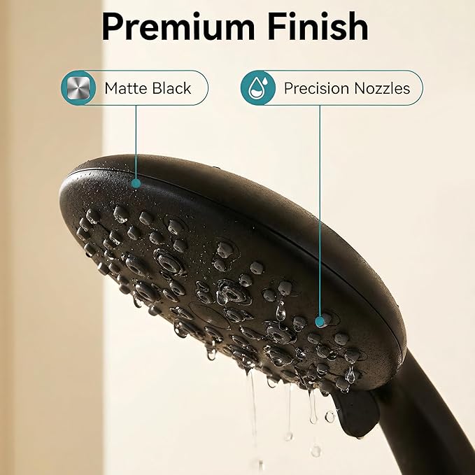 JDO Shower Head with Handheld, 6 Spray Settings High Pressure Hand Held Shower Head, 4.3" High Flow Rain Showerhead Set with Extra Long 59" Stainless Steel Hose and Adjustable Bracket(Matte Black)