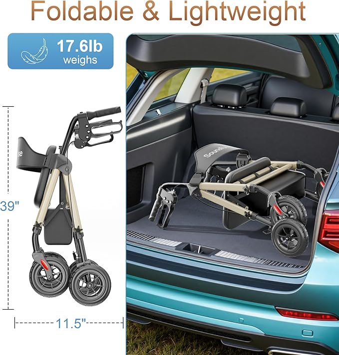 SOUNDFUSE Rollator Walkers for Seniors with Seat, Foldable Lightweight Rolling Walker with 8" Big PU Wheels, Ergonomic Seat, Dual Height Adjustment