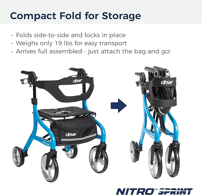 Drive Medical Nitro Sprint Foldable Rollator Walker with Seat - Lightweight Support - Large Wheels - Compact Folding Design - Adjustable Comfort - Standard Size - Blue