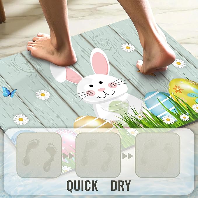 Quick Dry Bath Mat for Bathroom,Super Absorbent Spring Easter Bath Rug Non-Slip Rubber Backing,Machine Washable Bathroom Floor Mat for Shower, Tub, Sink Area Eggs Bunny Cute Rabbits 16x24