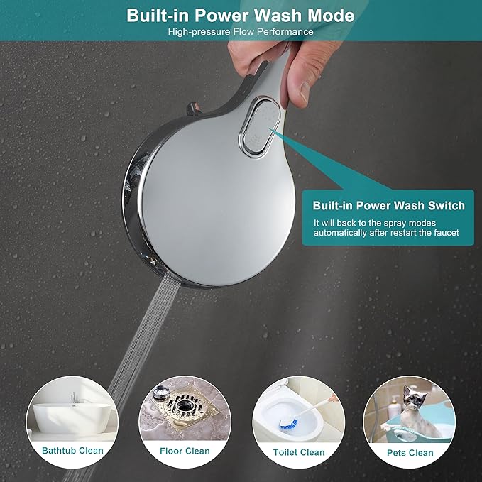 GwernKB Handheld Shower Head with on off Switch&Built-in Power Spray,7-Setting High Pressure Spray Shower Wand with 79in Long Hose&Bracket and Extra Adhesive Shower Holder for Lower Mount,Chrome