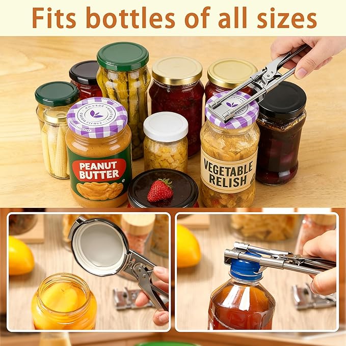2PCS Adjustable Stainless Steel Jar Opener, Manual Can Opener for Arthritis Hands, Multifunctional Bottle Opener & Lid Gripper, Kitchen Gadgets for Seniors