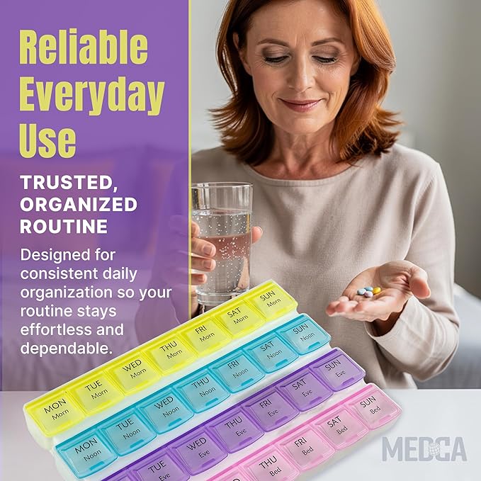 Weekly Pill Organizer - 4-Times-a-Day Pill Planner (Pack of 2) Pill Box Separates Pills & Vitamins with Daily Morning, Noon, Evening & Night Compartments, Travel Medication Reminder Monday to Sunday