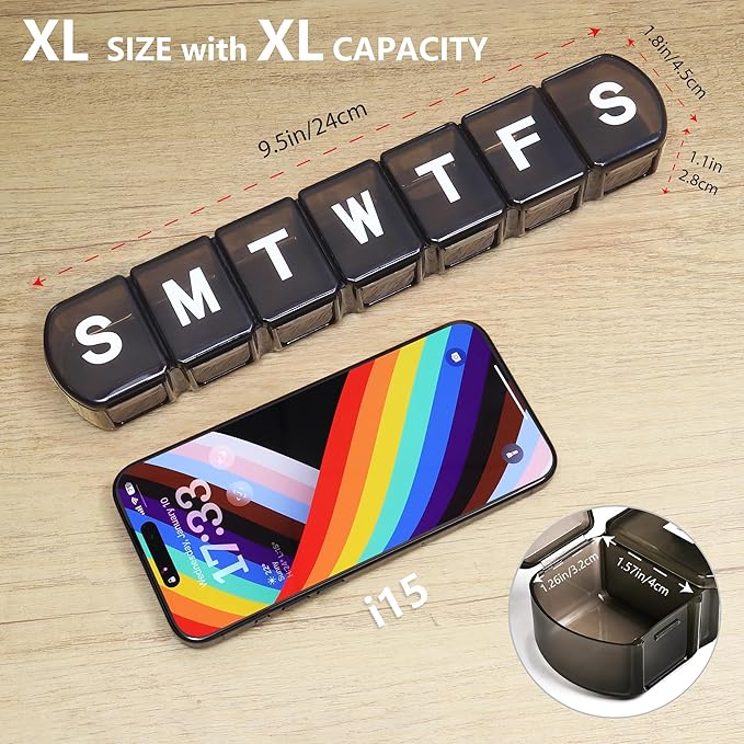 XL Weekly Pill Box Organizer 7 Day, 1 Week Jumbo Pill Dispenser Case One Time a Day, MOLN HYMY Daily Medicine Container to Hold Medication, Vitamins, Fish Oils and Supplement (Black