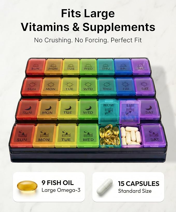 Weekly Pill Organizer 4 Times a Day – Monthly Medication Organizer with Quick-Fill Bottom Opening for Fast Refill, 7 Day Morning Noon Evening Night Pill Box, 28 Large Compartments for Daily Medicine