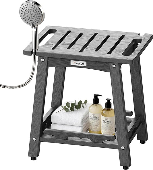 Shower Bench Seat, Non-Slip Shower Benches for Inside Shower to Sit on, HDPE Waterproof Shower Stool for Shaving Legs, Shower Chair with Adjustable Feet for Bathroom, Indoor/Outdoor Use, Grey