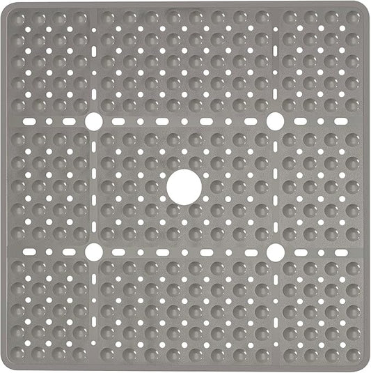 Large Square Shower Mat 27 x 27 Inch Clear Gray, Non Slip Shower Bathtub Mats for Inside Shower with Big Suction Cups Drain Holes, Anti Slip Bathroom Floor Stall Mats, Easy Clean, BPA-Free