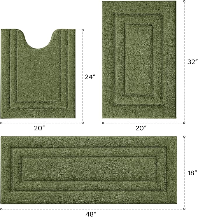 HOMEIDEAS Bathroom Rugs Sets 3 Piece, Microfiber Shaggy Bath Mat Set, Non-Slip Ultra Soft Carpet Mats, Large Rugs with U-Shaped Toilet for Bathroom, Tub, Shower,Sage Green