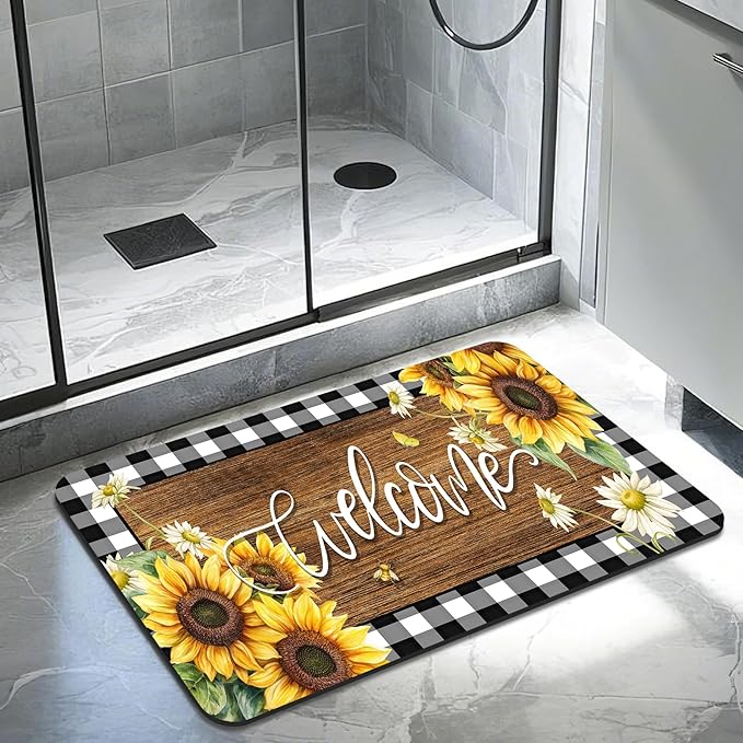 Quick Dry Bath Mat for Bathroom,Super Absorbent Sunflower Welcome Welcome Bath Rug Non-Slip Rubber,Machine Washable Bathroom Floor Mat for Shower, Tub, Sink Area Black and White Checked Wooden 16x24