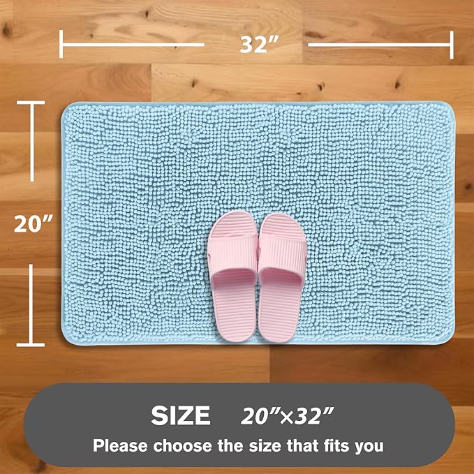 Light Blue Bathroom Rugs – Absorbent and Washable Bath Mat, Non-Slip, Thick Soft Chenille Bath Rugs for Bathroom Floor, Shower, Sink - 20" x 32"