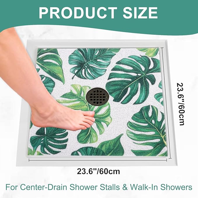 Square Shower Mat Non Slip: 24x24 Inch Extra Large Shower Mats for Inside Shower, Anti Slip Shower Floor Mat, Loofah Shower Stall Mats for Elderly, Non Slip Shower Mat with Drain Hole in Middle