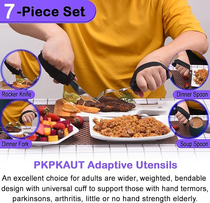 Weighted Parkinsons Utensils for Hand Tremors, Weighted Silverware for Parkinsons Patients Arthritic Hands, Built Up Utensils for Adults, Adaptive Eating Utensils for Disabled People Elderly