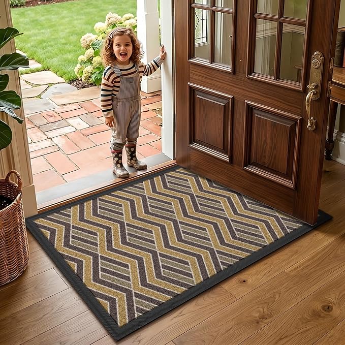 LUMI Front Door Mat 24x36, Low-Profile Non-Slip Welcome Mat for Indoor Outdoor, Stain & Fade Resistant Geometric Door Mat for Entryway Patio Porch, Zig-Amber