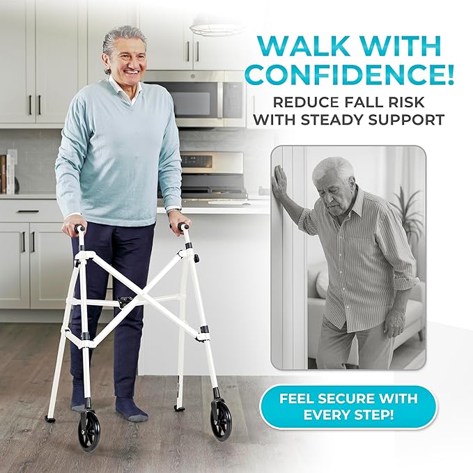 Stander Space Saver Walker, Lightweight Folding Rolling Mobility Aid for Seniors & Adults, Compact 2-Wheel Disability Device with 6-inch Wheels & Ski Glides for Walking Support, Vivid White