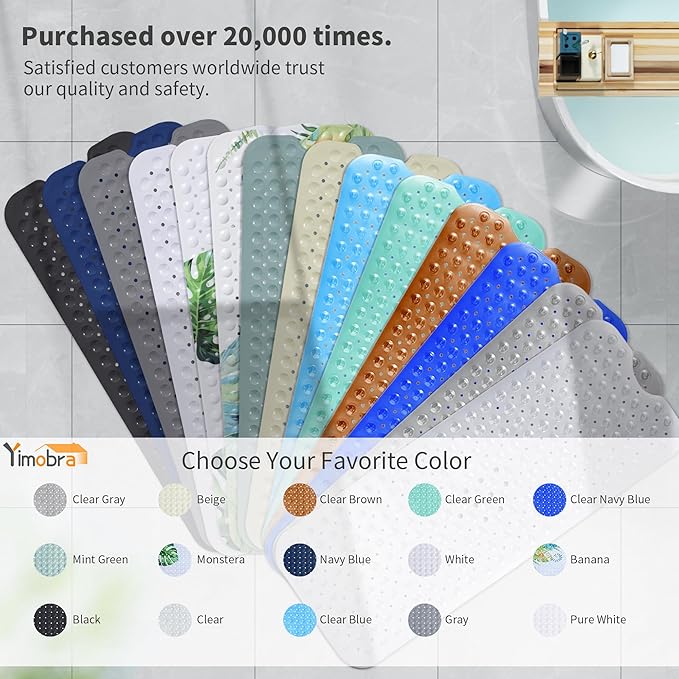 Yimobra Non Slip Bathtub Mat 40"x16", Super Strong Suction Cups, Extra Long Shower Mat with Drain Holes, Machine Washable Fast Draining Bathroom Floor Mat, Clear Grey