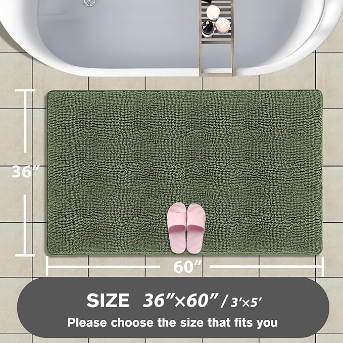 Bathroom Rugs 36 x 60 Inch – Extra Large Bath Mat | Absorbent and Washable Thick Chenille Bath Rugs Non-Slip Runner Rug for Bathroom, Shower, Tub(Loden Green)
