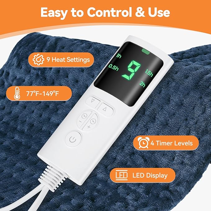 Heating Pad for Back Pain, Electric Heat Pad with 9 Heat Levels & 4 Auto-Off Timers, Portable Heating Pad for Period Cramps, Shoulder, Neck, Machine Washable, Gifts for Women and Men, Blue, 24''×12''