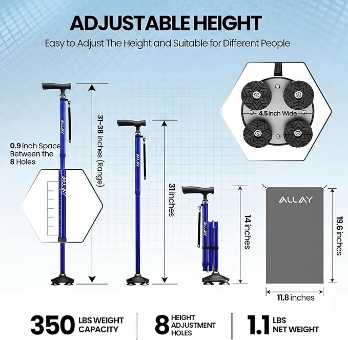 Allay Walking Canes for Men & Women - Adjustable Canes for Women for Stability, Self Standing Wide Quad Pivot Base, Light Weight, Soft Handle Grip and Travel Bag, Walking Sticks for Seniors & Adults