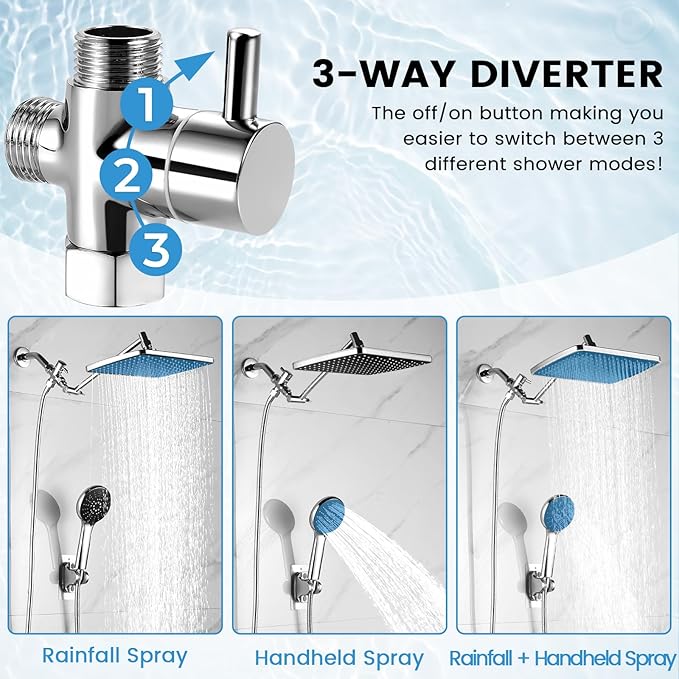 Rain Shower Head with Handheld, 11.8 Inch High Pressure Handheld Shower with Multi Spray Modes, Holder and Rainfall Combo 11'' Extension Arm, Chrome, Bathroom Decor