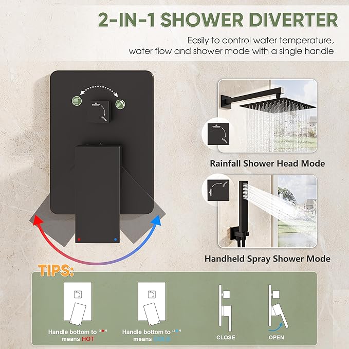 Kurpot Black Shower System, Wall Mounted Shower Faucet Set with Valve, 10-Inch Rainfall Shower Head with Handheld Combo Spray, 59'' Long Shower Hose and Shower Trim Kit, Matte Black