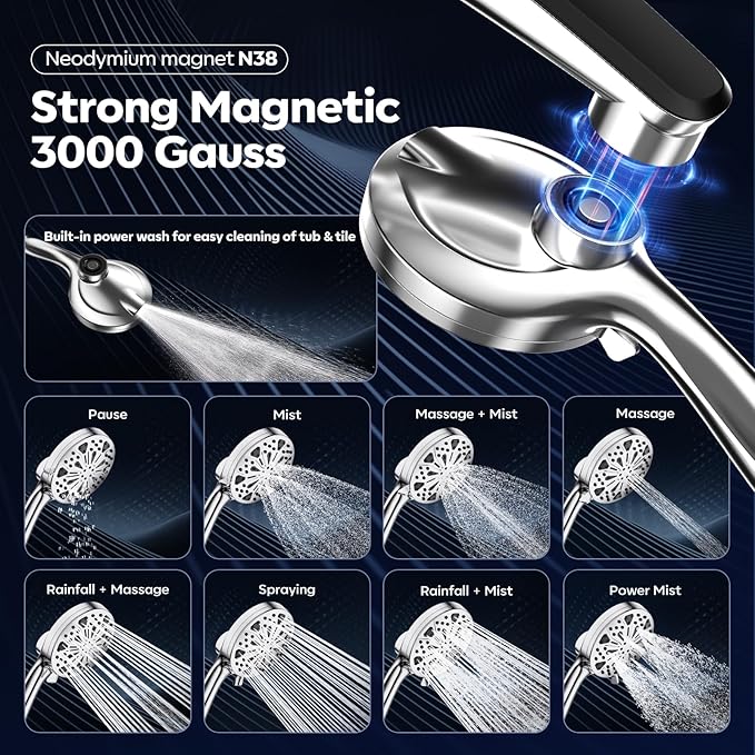 Shower Head with filtered Handheld High Pressure daul Shower Heads with Handheld Spray Combo and 10 Sprays Handheld Shower Head Detachable Shower head Built-in Magnetic Docking and Power Jets Chrome