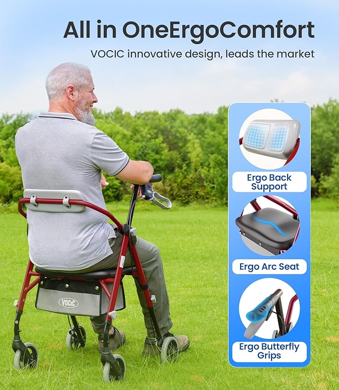 VOCIC Walkers for Seniors, Z11 Rollator Walker with Seat, Max 380 lbs, Avant Walkers with Ergo Seat & Backrest, Foldable Rollator Adjustable Height, All Terrain Walker, Lightweight