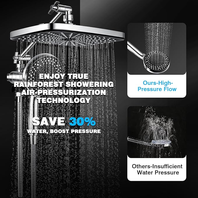 Rainfall Shower Head With Handheld Combo, Adjustable Drivse Filtered Shower Heads with Handheld Spray Combo, One-piece High Pressure, Built-in Magnetic Docking and Power Jets