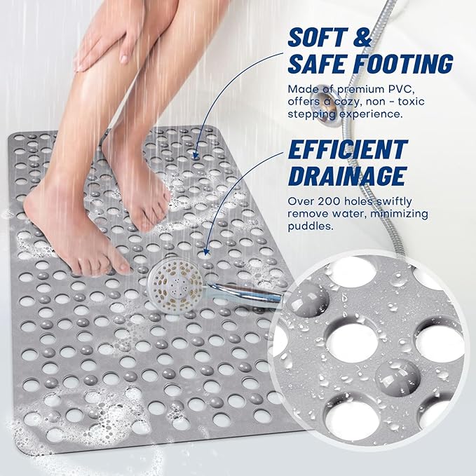 Non-Slip Bathtub Mat 31.5"x17.7" - 200+ Suction Cups, Quick-Dry PVC Shower Mat with Drain Holes - Slip Resistant for Bathroom, Machine Washable Grip Mat