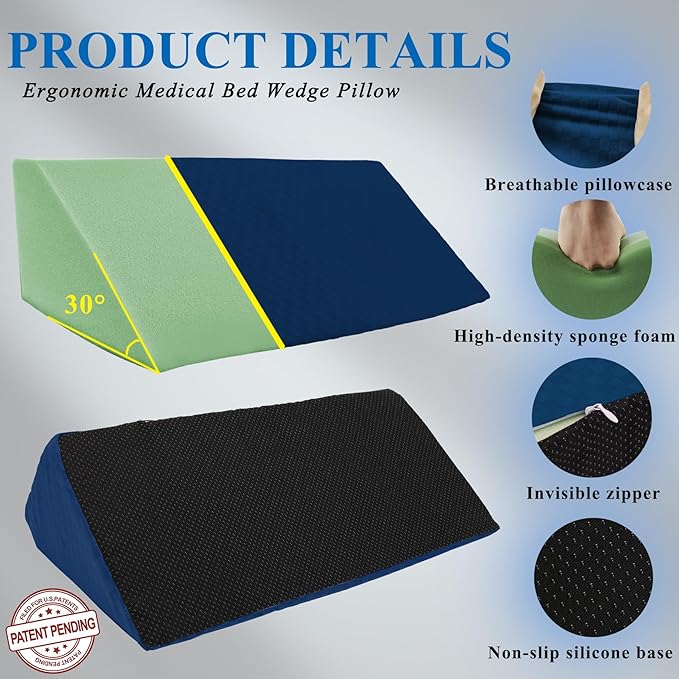 Bed Wedge Pillow for Side Sleeping Sponge Filled Body Positioning Triangle Pillow Suitable for Pregnancy and Surgery Prevent Bed Sore for Leg and Back Support with Pillow Case (Navy Blue)