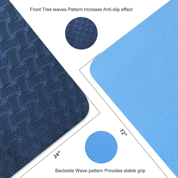 Yoga Mat 1/3" (8mm) Thick Non-Slip, Women Men Fitness & Exercise Mat, 72"Lx24"W Eco-Friendly TPE Workout Mat with Carrying Strap for Yoga, Pilates, Home Gym, Floor Exercises