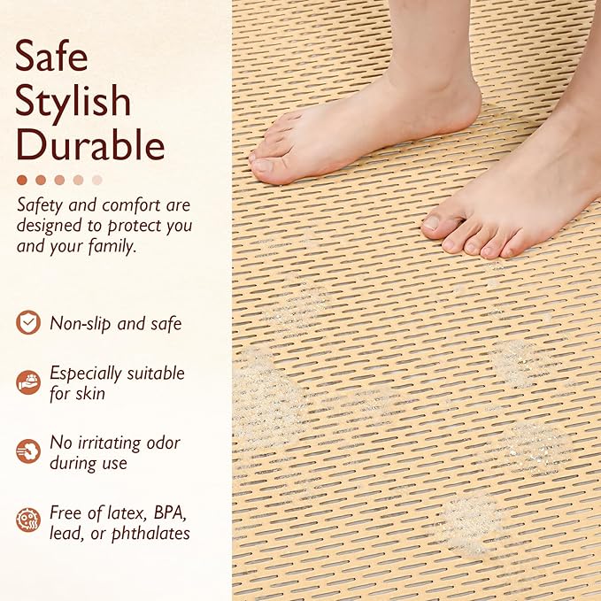 Extra Large Non-Slip Shower Mat, Fast-Dry PVC Bath Stall & Tub Mat, Drain-Hole Design,for Shower Stall Tub for Elderly/Kids，Non Slip Bathroom Safety Accessory，Beige 32"x17"