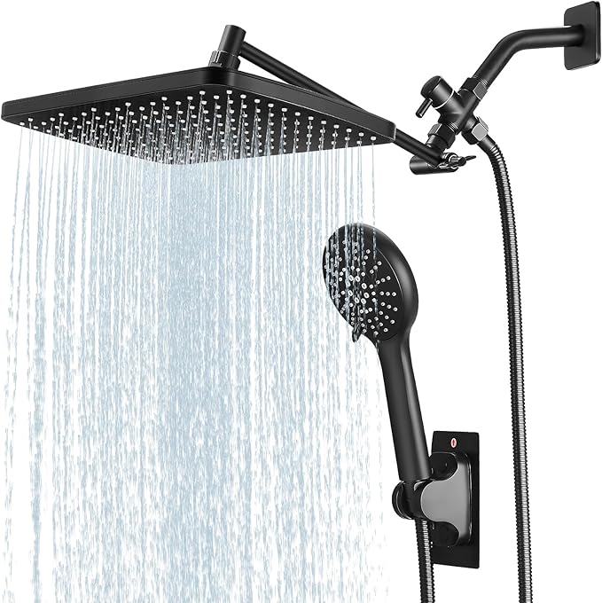 Shower Head with Handheld Combo,11.8 Inch Large Rectangular Rain Shower Head with 5 Modes Handheld Spray Combo,Adjustable Double Shower Heads with Holder and 11'' Extension Arm Matte Black