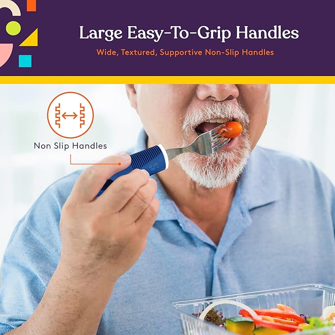Special Supplies Adaptive Utensils (5-Piece Kitchen Set) Wide, Non-Weighted, Non-Slip Handles for Hand Tremors, Arthritis, Parkinson’s or Elderly Use - Stainless Steel (Blue)