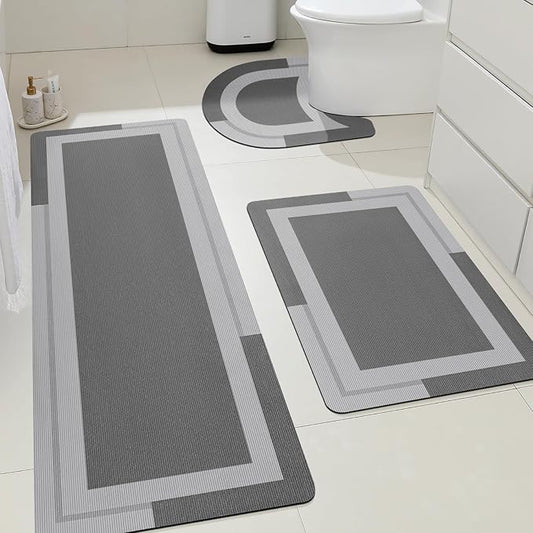 ACCUMTEK Non Slip Bath Mat, Thin Bathroom Rugs Fit Under Door, Quick Dry Bath Mats, Machine Washable Bath Rugs for Bathroom, Bathtub & Kitchen, Bathtub & Kitchen, Grey/Bordered/3 Piece