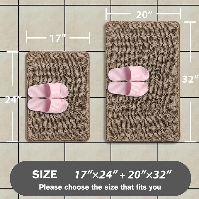 Taupe Bathroom Rugs Sets 2 Piece – Absorbent and Washable Bath Mat, Non-Slip, Thick Soft Chenille Bath Rugs for Bathroom Floor, Shower, Sink - 17" x 24"+20" x 32"