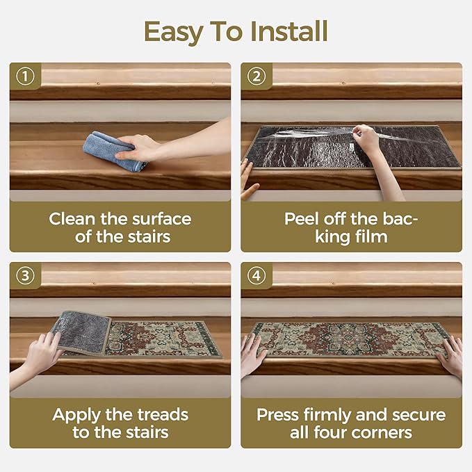 Non Slip Stair Treads for Wooden Steps 15PCS - 8"x30" Indoor Safety Carpet, Edging Mats with TPE Adhesive Backing, Pet and Elderly Friendly Stair Rugs (Annatto)