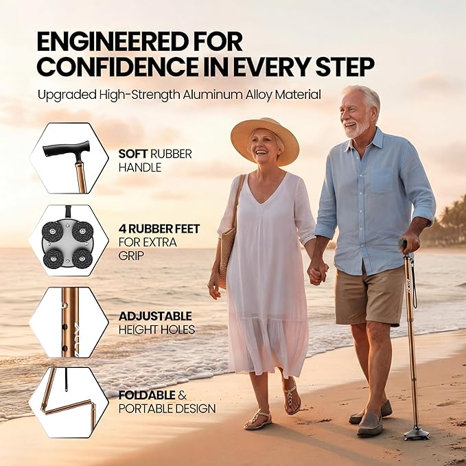 Allay Walking Canes for Men & Women - Adjustable Canes for Women for Stability, Self Standing Wide Quad Pivot Base, Light Weight, Soft Handle Grip and Travel Bag, Walking Sticks for Seniors & Adults