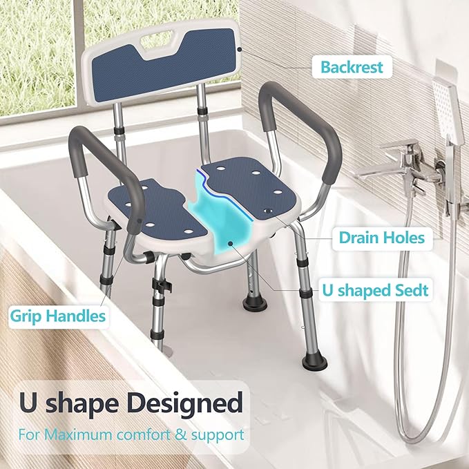 Shower Chair for Inside Shower U-Shape Seat,450lb Heavy Duty Shower Chair for Elderly and Disabled,Padded Armrests and Back,Height Adjustable Bath Chairs for Seniors Handicap,Easy Assembly
