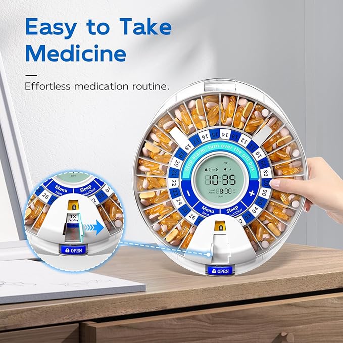 Daviky Automatic Pill Dispenser for Elderly with Alarm, 28-Day Electronic Locked Pill Box, Sound & Light Reminders for Medication, Vitamins, and Supplements(Blue)