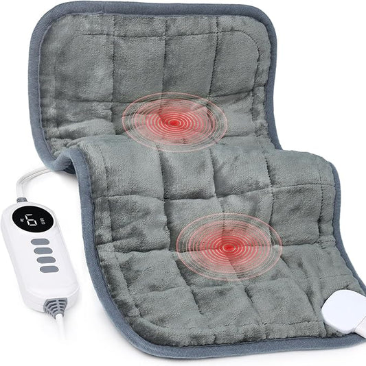 Heating Pad, Weighted Heating Pad with Massaging Vibrations, 6 Heat Settings & 4 Massage Modes,Soothing Warmth for Back & Shoulders, 12" x 24",Silver Gray